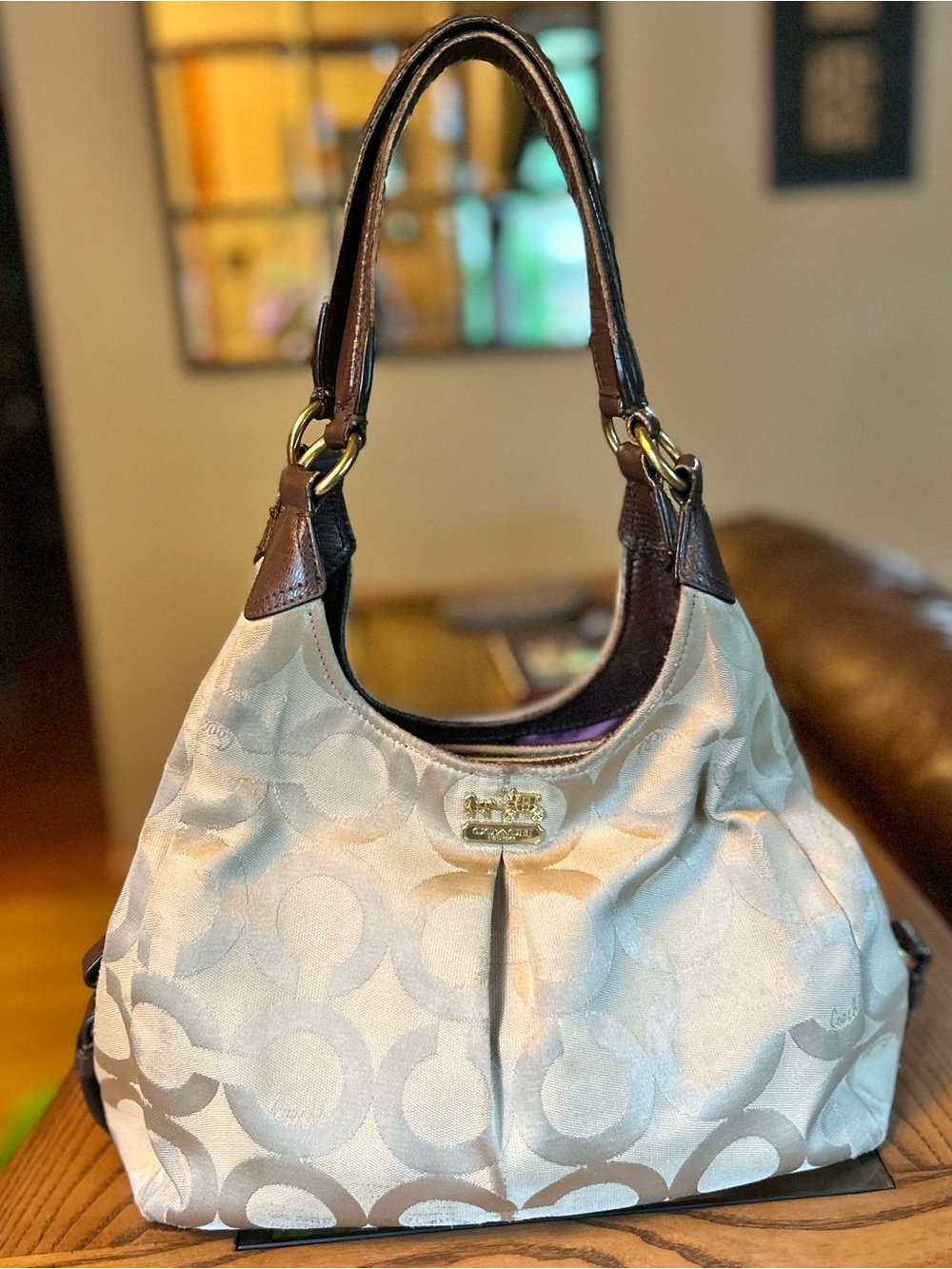 Coach Maggie Op Art Sateen with leather trim Maggie Shoulder hobo bag